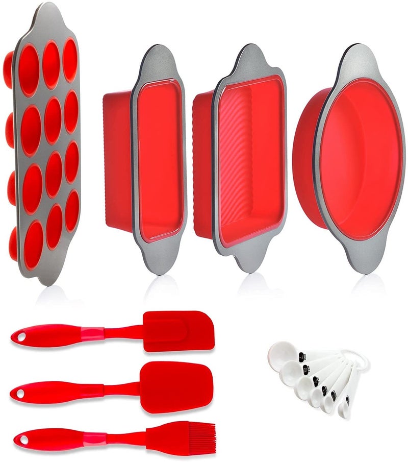Boxiki Kitchen 13-Piece Non-Stick Silicone Bakeware Set with Cake Pan, Brownie Pan, Loaf Pan, Muffin Mold, Spatulas, Brush, and Measuring Spoons - Oven, Freezer and Dishwasher Safe - Image 1